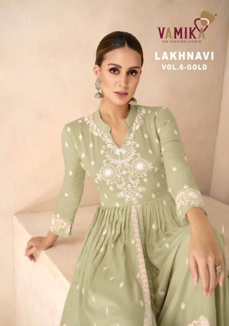 Lakhnavi Vol 6 Gold BY VAMIKA 1031-A To 1031-E Series Beautiful Stylish Sharara Suits Fancy Colorful Casual Wear & Ethnic Wear & Ready To Wear Pure Rayon Printed Dresses At Wholesale Price
